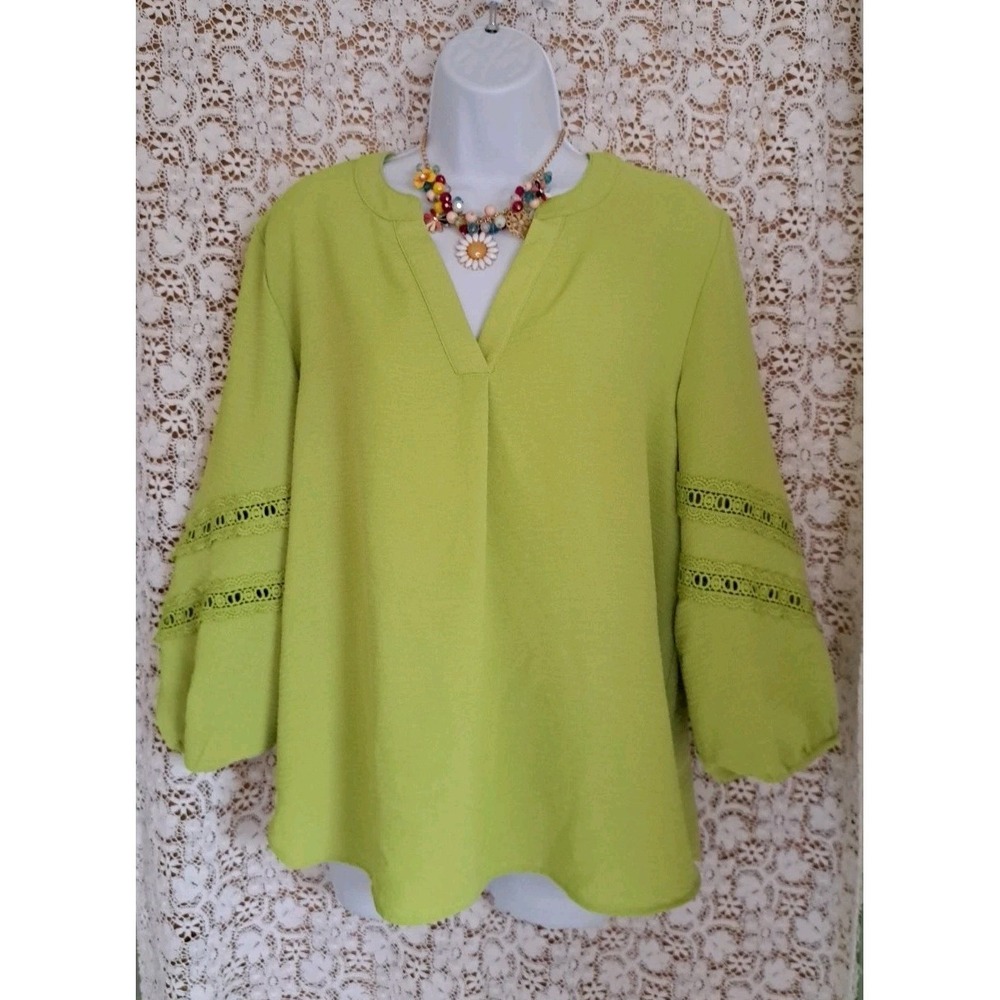 Como Blu Top M Lime Green Peasant Blouse Puff Sleeve Crochet Trim Polyester Boho - Picture 2 of 10